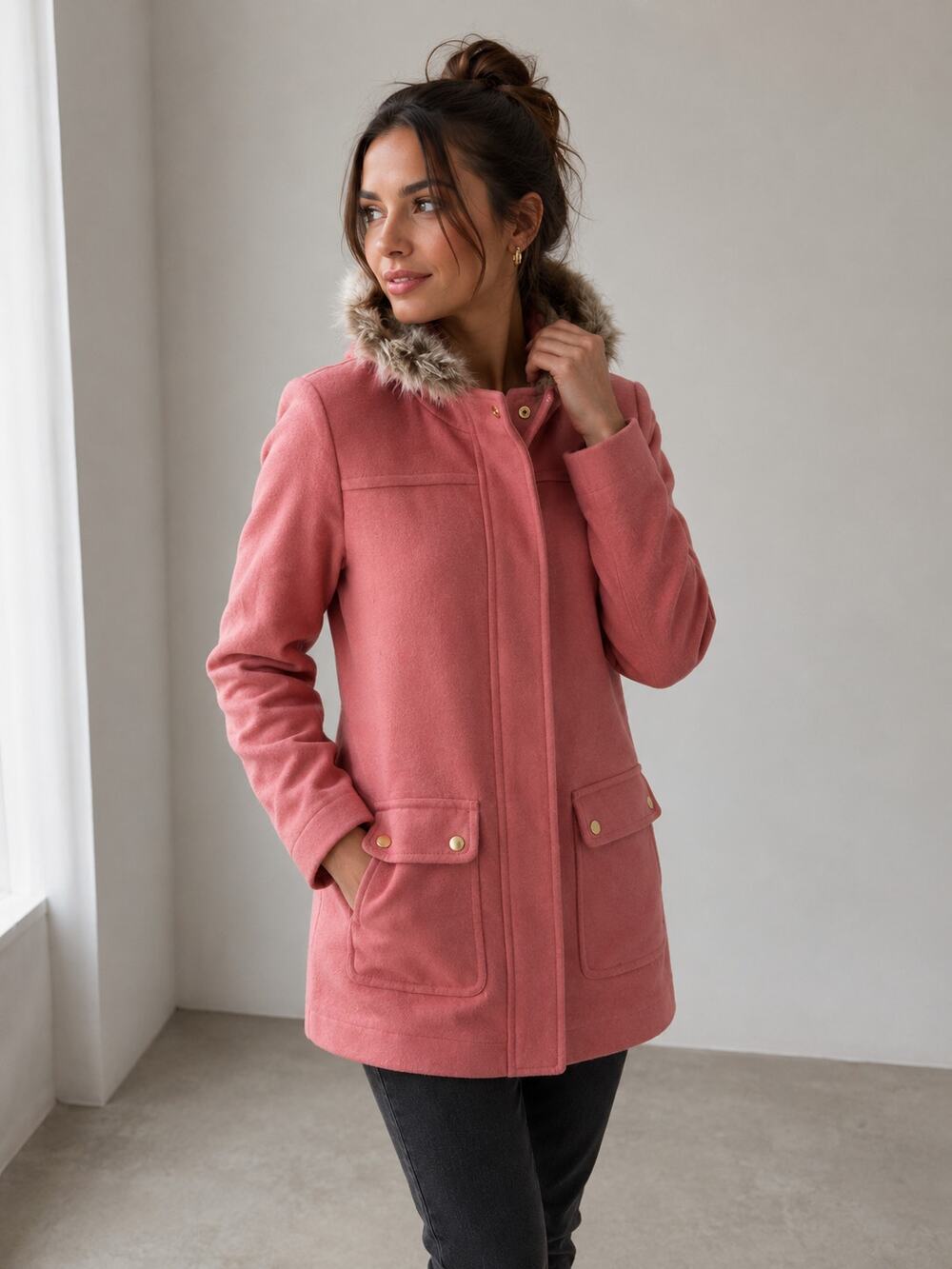 J Crew Chateau Parka Wool Blend Fur Trim Hooded Jacket Coral Pink Womens Size 12